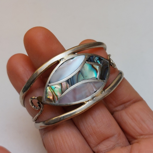 Abalone And MOP Shell Mosaic Inlay Silver Tone Cuff Bracelet - Picture 3 of 7